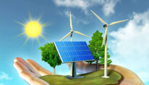 Hand holding trees, wind turbines, solar panel